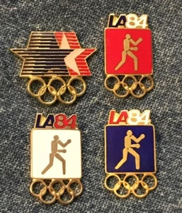 Spilla olimpica boxe ~ set di 4 ~ fotogramma ~ 1984 Los Angeles ~ LA ~ cloisonne vintage - Foto 1 di 2
