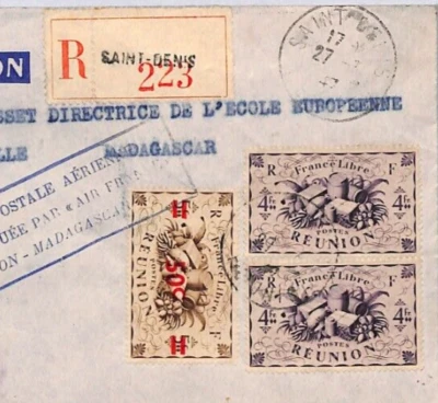 France Libre Cols REUNION Air Mail 1947 Cover MADAGASCAR Brickaville School ZN69 - Image 1 of 4