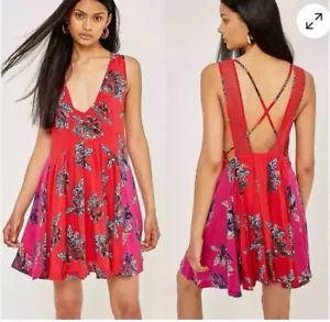 Free People S Mini Dress Thought I Was Dreaming Floral Cross Back Red Pink DeepV - Picture 1 of 10