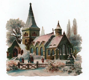 Basura grande victoriana de cromo en relieve de finales de 1800 - Iglesia de Navidad nieve invierno - Imagen 1 de 3