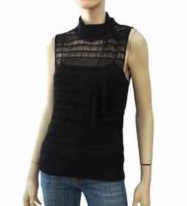 RALPH LAUREN BLACK LABEL sz L Black Crochet Knit Mock Neck Laced Shoulder Top - Picture 1 of 5