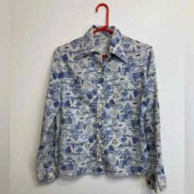Camisa abotonada vintage años 70 Wrangler estampada, niños, azul, occidental, talla 13 Foto 1 de 4