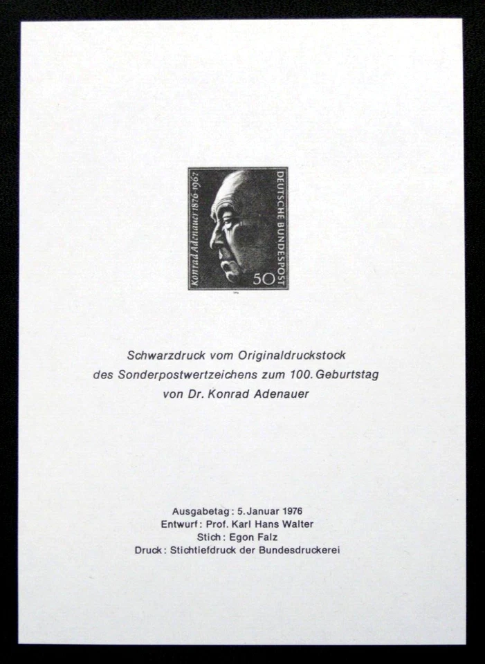 TIMBRE ALLEMAGNE : 1976 BLOC FEUILLET EPREUVE EN NOIR KONRAD ADENAUER - NEUF(*) - Photo 1/1