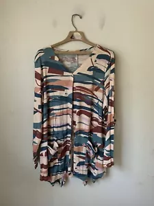 LOGO Lori Goldstein Womens Cardigan 2X Plus Multicolor Camo Stretch Open Front - Picture 1 of 8