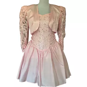 Abito da ballo vintage anni 90 rosa pizzo aderente e svasato festa con giacca bolero junior taglia 3 - Foto 1 di 22