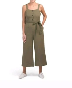 Rachel Zoe Olive Green Romper  Jumpsuit 12 Crop Button Wide Leg Cotton Belt FLAW - Picture 1 of 15
