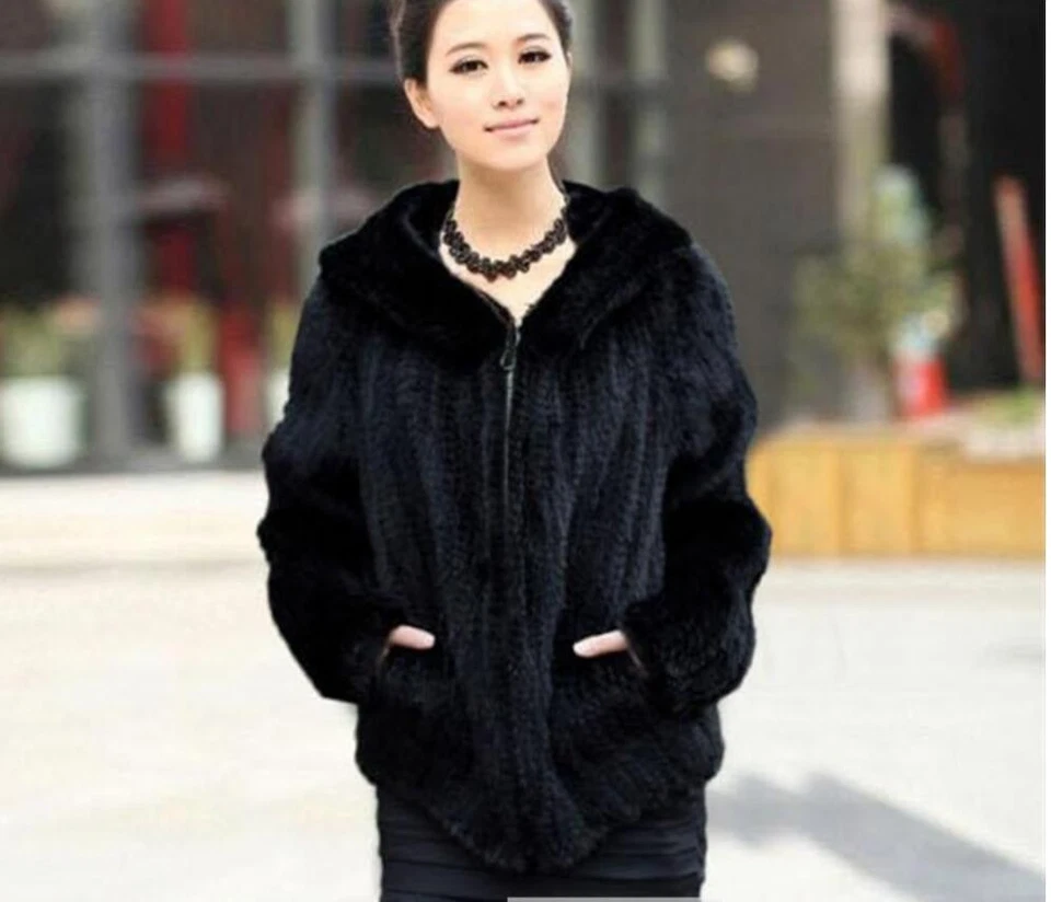 Mujeres Informal Real Genuino Tejido Piel de Visón Capucha Abrigo Chaqueta Prendas de abrigo Invierno Foto 1 de 4