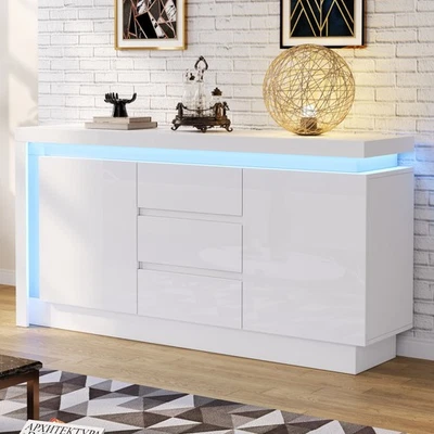 Hochglanz Sideboard 140 cm Kommode mit 3 Schubladen LED Beistellschrank Weiß - Bild 1 von 4