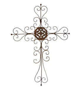 Large Wrought Iron Cross Metal Scrollwork Wall Decor Rustic Bronze 30”H - Picture 1 of 5