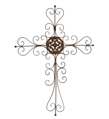 Large Wrought Iron Cross Metal Scrollwork Wall Decor Rustic Bronze 30”H - Image 1 of 4