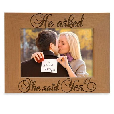 - He Asked, She Said Yes Engraved Natural Wood Picture Frame - Engagement & B... - Image 1 of 4