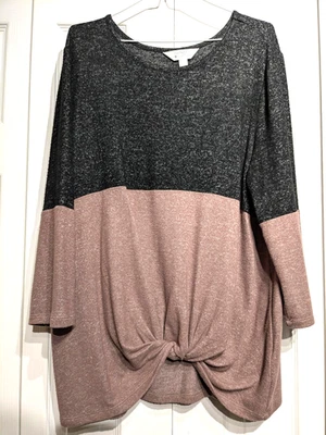 Market & Spruce Shirt Womens L Charcoal Pink Colorblock Twist Hem 3/4 Sleeve EUC - Image 1 of 4