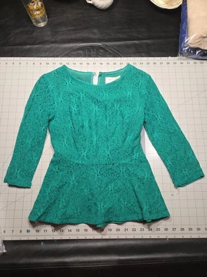 Moulinette Soeurs Anthropology Womens 2 Green Lace Peplum Top 3/4 Sleeve - Image 1 of 4