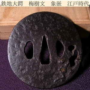 Vintage Japanische Edo Periode Eisen Tsuba Pflaumenbaum Intarsien mit Box 25J059 - Bild 1 von 7