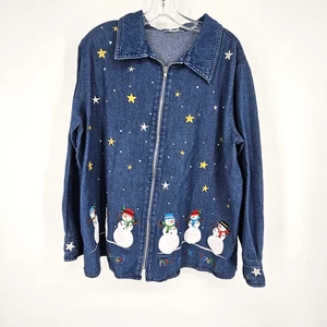 Quacker Factory Snowman Denim Jean Jacket 1X Zip Christmas Embroidered Holiday - Picture 1 of 11