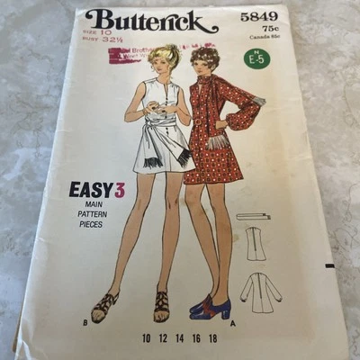 Butterick  5849 Pattern Retro A-Line Dress & Scarf, Size 10 Bust 32.5” Hippie - Image 1 of 4