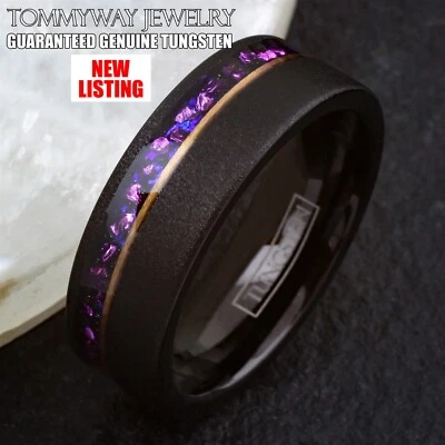 Anillo de boda de ópalo púrpura carburo de tungsteno enchapado en oro negro y rosa de 8 mm Foto 1 de 4