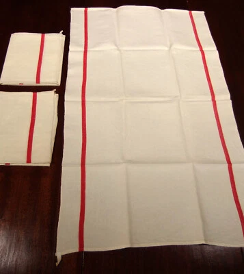 Lot de 3 Torchons anciens en lin écru 88 x 53 cm à 2 liteaux rouges  - Photo 1/4