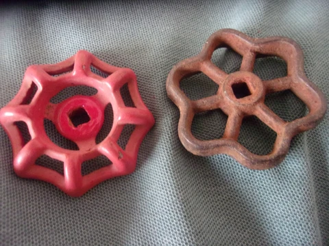 2 Old Vintage Cast Iron 2 " Water Faucet Knobs Steampunk, 1 Red Paint, 1 Rusty Cover