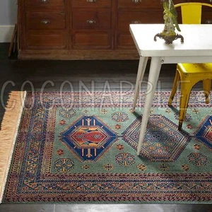 ANKARA AZTEC PERSIAN GREEN THIN ART-SILK RUG MAT (XS) 100x137cm *FREE DELIVERY* - Picture 1 of 3