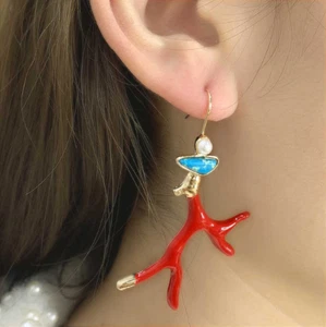 Handmade Coral Stone Dangling Earrings Enamel Turquoise Pearl Beach Accessory - Picture 1 of 6