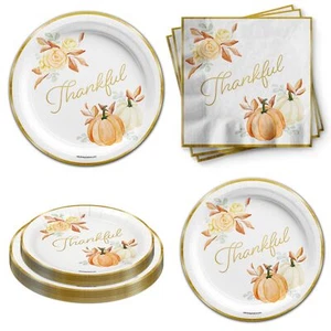 Thanksgiving Fall Party Supplies Pumpkin Plates Napkins Tableware Set for 24 - Picture 1 of 8