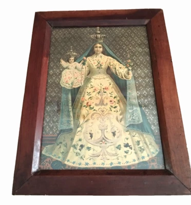 Antique Virgin Mary and Baby Jesus Wooden Framed Print C. 1890 - Bild 1 von 4