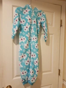 Jelli Fish Girls One Piece Fleece Pajamas Sz XS 4/5 Blue Hooded Snow Flake - Picture 1 of 4