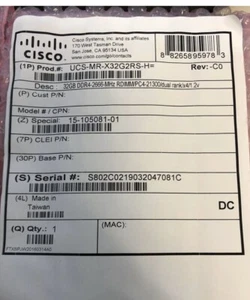 New UCS-MR-X32G2RS-H CISCO 32GB (1X32GB) 2RX4 PC4-2666V MEMORY C220 M5, 61 Avail - Picture 1 of 3