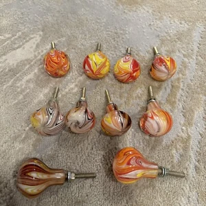 10 Vintage Blown Glass Drawer Pull Knobs, Orange Yellow and White Accents DIY - Picture 1 of 10