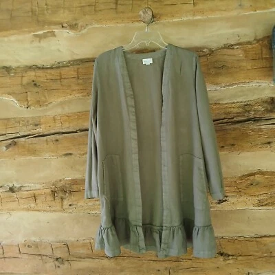 Chaqueta plumero Pure Jill J. Jill para mujer frente abierto volantes lino verde talla pequeña Foto 1 de 4