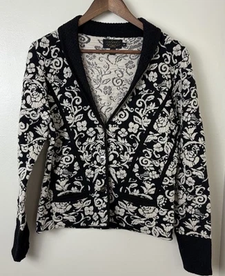 Cárdigan Suéter Diseño Islandés Lana Mujer M Negro Blanco Textura Nórdica Floral Foto 1 de 4