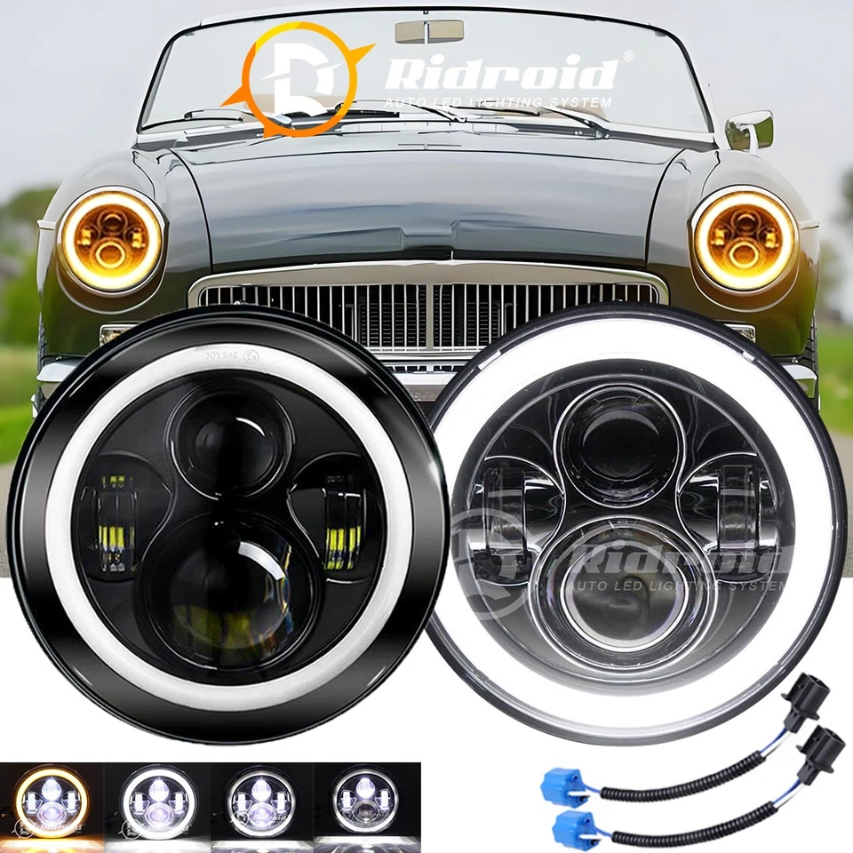 Pair 7" Round Halo LED Headlights Turn Signal for MG MGB 1969-1980 Midget 70-79 Foto 1 de 4