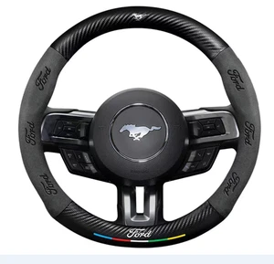 15" PU Leather+Carbon fiber Steering Wheel Cover For Ford Mustang All Cars - Picture 1 of 12