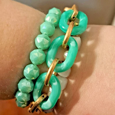 NWT Pomina Jade Green and Gold Patina Faceted 3 PC Bracelet Stack Set — 第 1/4 张图片
