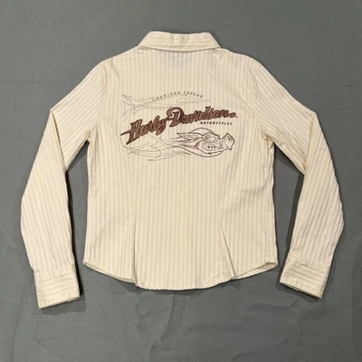 Винтажная женская рубашка Harley Davidson M кремовая вестерн в полоску вышитая летающая свинья - Изображение 1 из 4