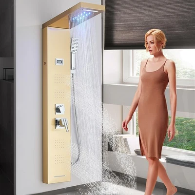 Sistema de torre de panel de ducha dorado de acero inoxidable LED chorros de masaje de cascada de lluvia Foto 1 de 4