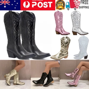Women's Pointed Toe Cowgirl Cowboy Boots Ladies Mid-Wide Calf Western Shoes Boot - Picture 1 of 18