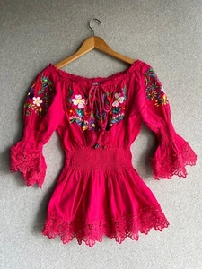 Solei Bluse Damen L/XL rosa Blumen bestickt gesmokte Taille schulterfrei - Bild 1 von 6