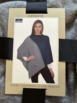 Suéter Poncho Celeste - Tela Lana Cachemira - Gris y Verde Azulado Nuevo Con Etiquetas Foto 1 de 2