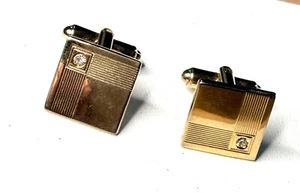 Vintage Gold-Tone Square Cufflinks With Clear Crystal Accents Mens Jewelry - Picture 1 of 7