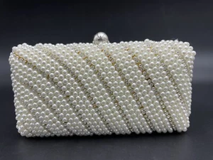 Silver Faux White Pearls/Rhinestones Evening Clutch Party Cocktail Wedding - Picture 1 of 14