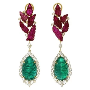 Carved Syn Emerald & Lab Ruby Dangle Earrings 925 Fine Silver Cocktail Jewelry - Picture 1 of 5