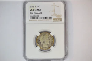 1913-S Barber Quarter- NGC VG Details. Rim Damage.  Nice rare date! - Picture 1 of 5
