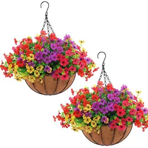 2 Set Artificial Outdoor Flowers with Hanging Basket, 2 Hanging Planters with 24 - Picture 1 of 9