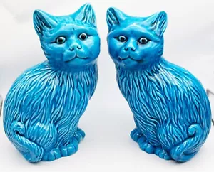 Lote de 2 estatuillas chinas de porcelana esmaltada azul turquesa de colección para gatos sentados de 6" - Imagen 1 de 6