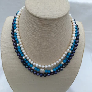 3row Charming AAA+ White Black South Sea Pearl Turquoise Necklace 14k Gold P - Picture 1 of 10
