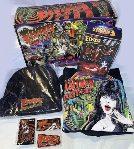 NECA Elvira's House of Horrors Box Action Figure, Beanie, Shirt, Pin, Patch Cover
