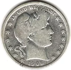 Medio dólar de peluquero 1906 grados MUY BUENO ~ LLANTAS COMPLETAS ~ LIMPIO stk h166 - Imagen 1 de 5