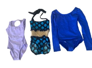 3 Girls Leotard Gymnastics, Med 8/10 Blue Blk Polka Dots Purple Royal Blue - Picture 1 of 2